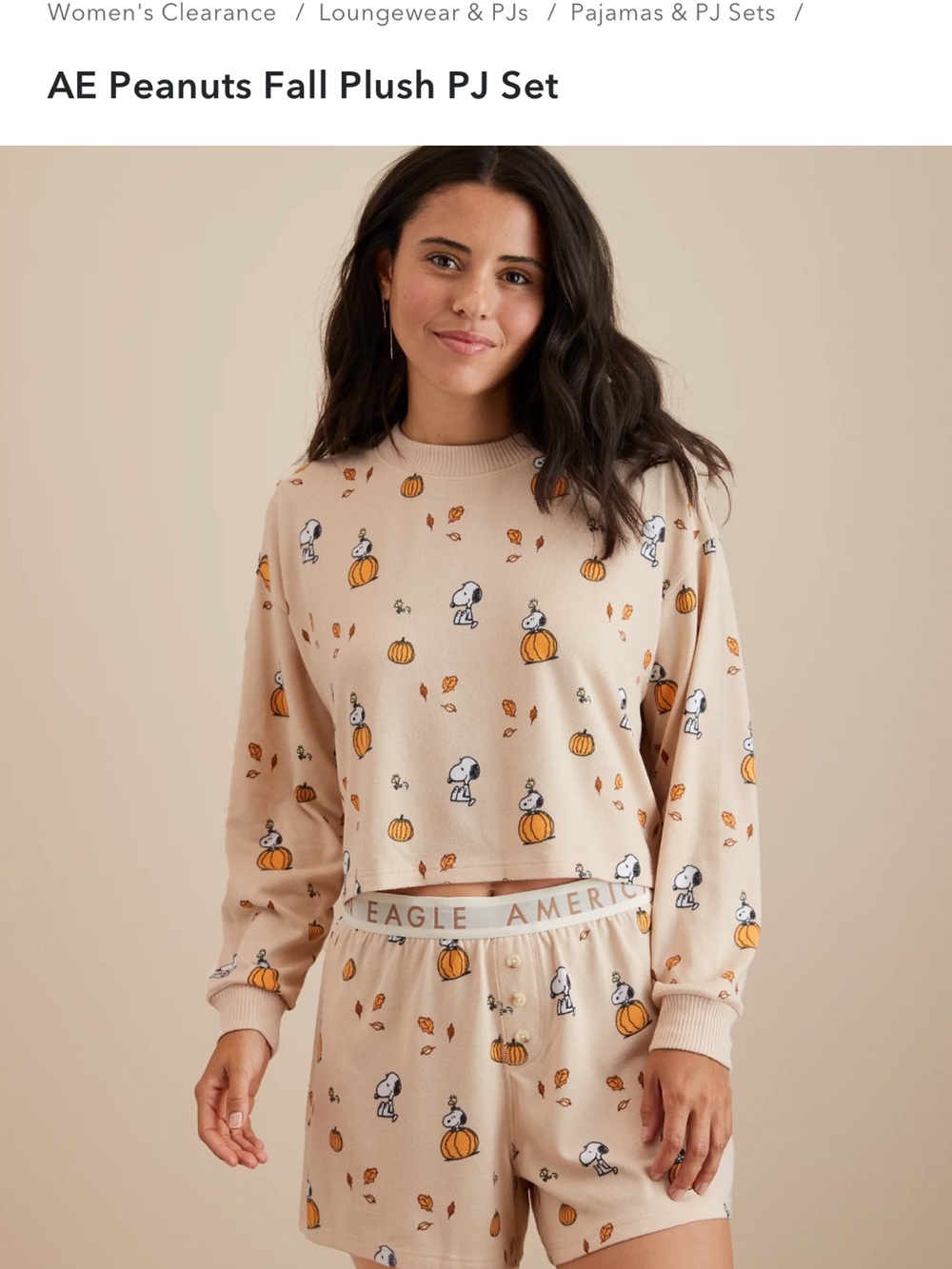 American Eagle Outfitters Beige Peanuts Pumpkin Plush PJ Set